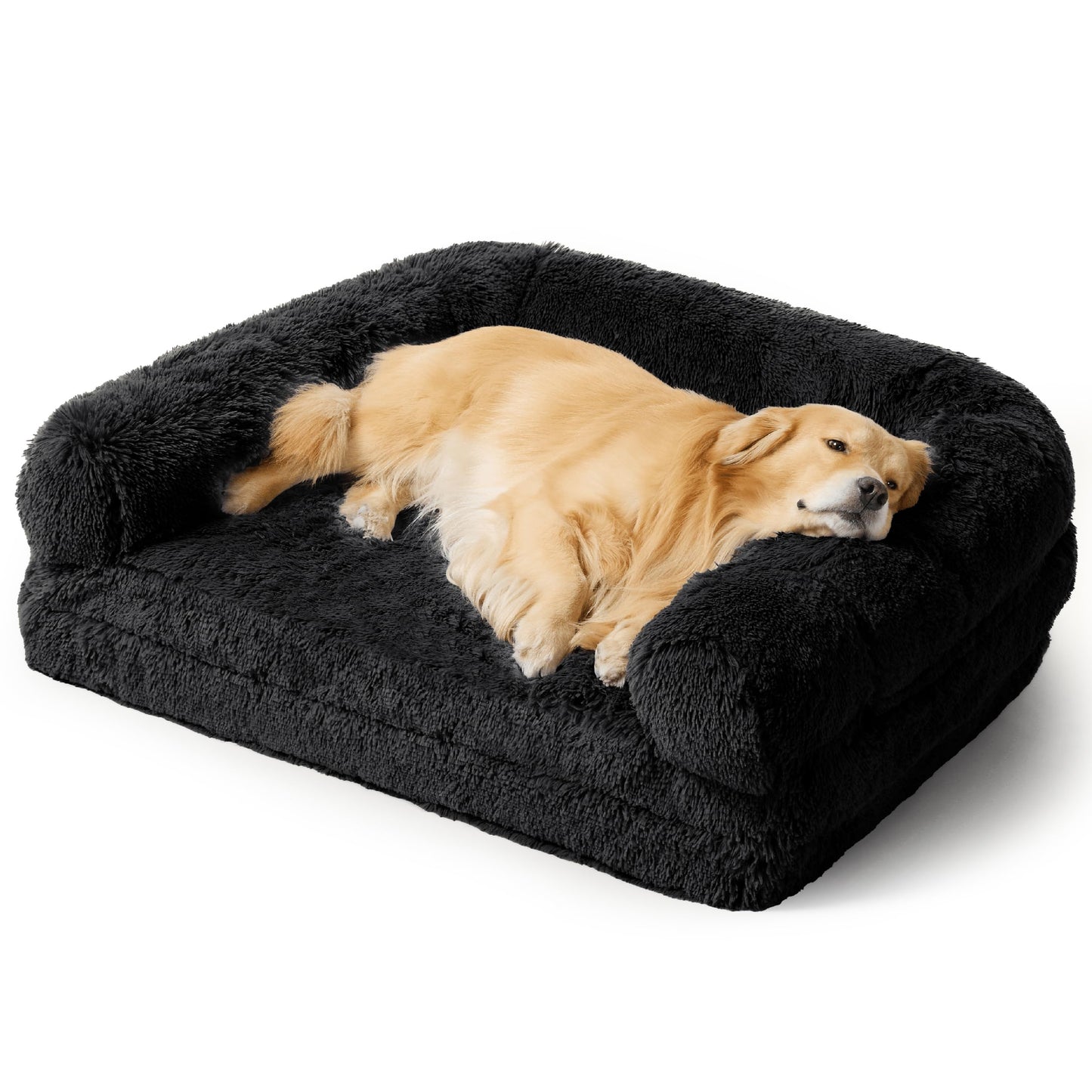 Bedsure Foldable Human Size Giant Dog Bed for Adults, 2 in 1 Calming Pet Bed with Egg Foam Supportive Mat and Waterproof Liner, Faux Fur Orthopedic Sofa, Camel