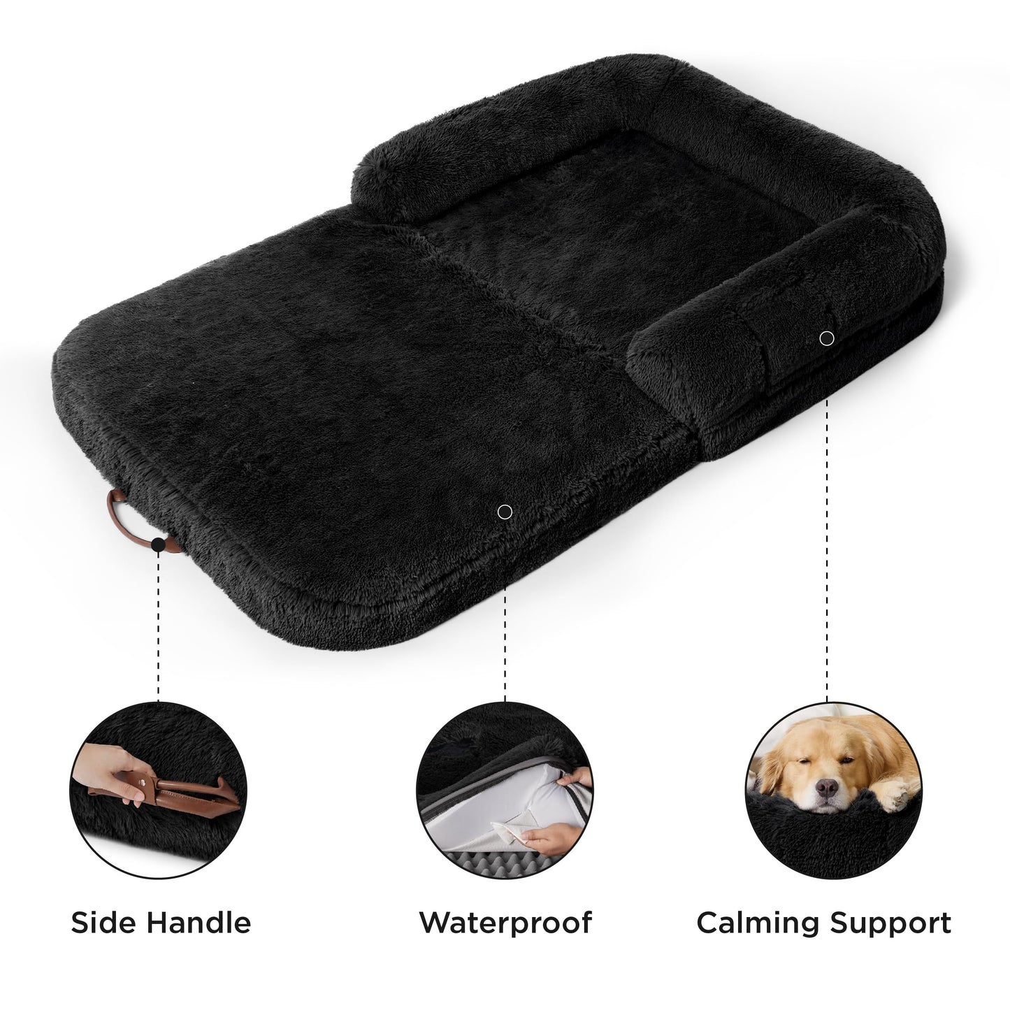 Bedsure Foldable Human Size Giant Dog Bed for Adults, 2 in 1 Calming Pet Bed with Egg Foam Supportive Mat and Waterproof Liner, Faux Fur Orthopedic Sofa, Camel