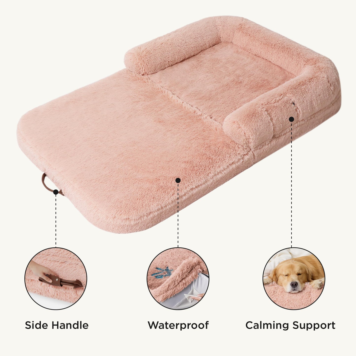 Bedsure Foldable Human Size Giant Dog Bed for Adults, 2 in 1 Calming Pet Bed with Egg Foam Supportive Mat and Waterproof Liner, Faux Fur Orthopedic Sofa, Camel