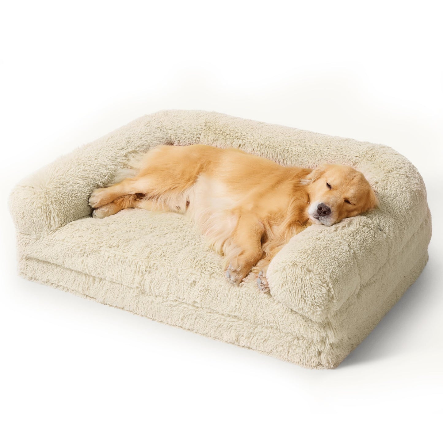 Bedsure Foldable Human Size Giant Dog Bed for Adults, 2 in 1 Calming Pet Bed with Egg Foam Supportive Mat and Waterproof Liner, Faux Fur Orthopedic Sofa, Camel