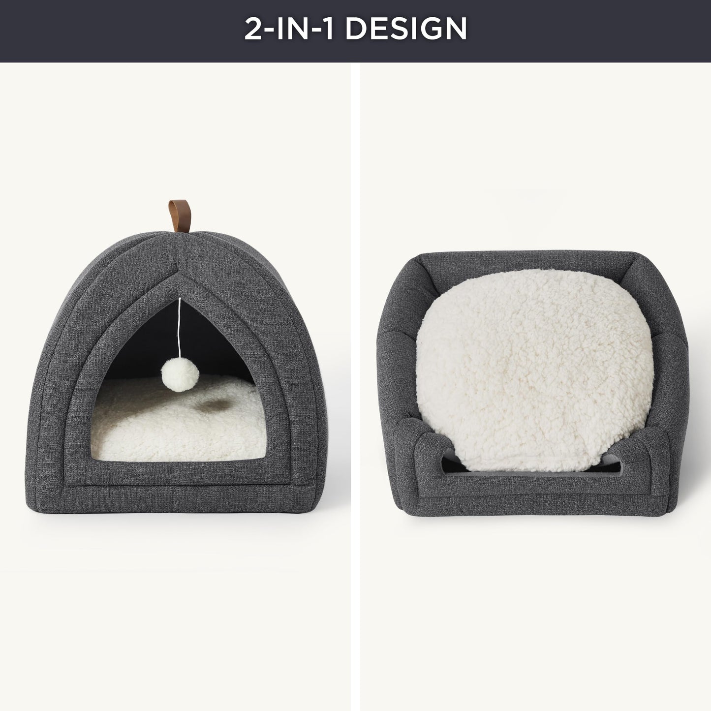 Bedsure Cat Beds for Indoor - 2 in 1 Cat Cave House Tent for Kittens and Small Pets with Removable Washable Cushioned Pillow, Foldable Kitten Hideaway with Non-Slip Bottom, Grey, 16 inches