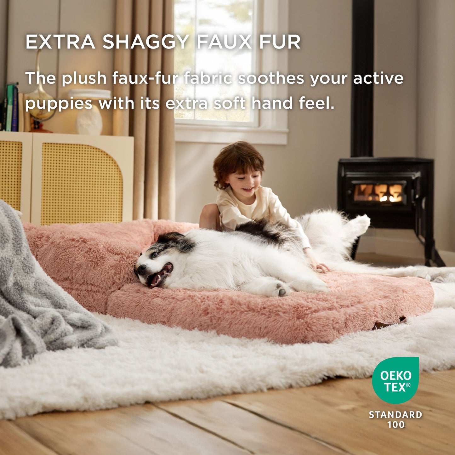 Bedsure Foldable Human Size Giant Dog Bed for Adults, 2 in 1 Calming Pet Bed with Egg Foam Supportive Mat and Waterproof Liner, Faux Fur Orthopedic Sofa, Camel