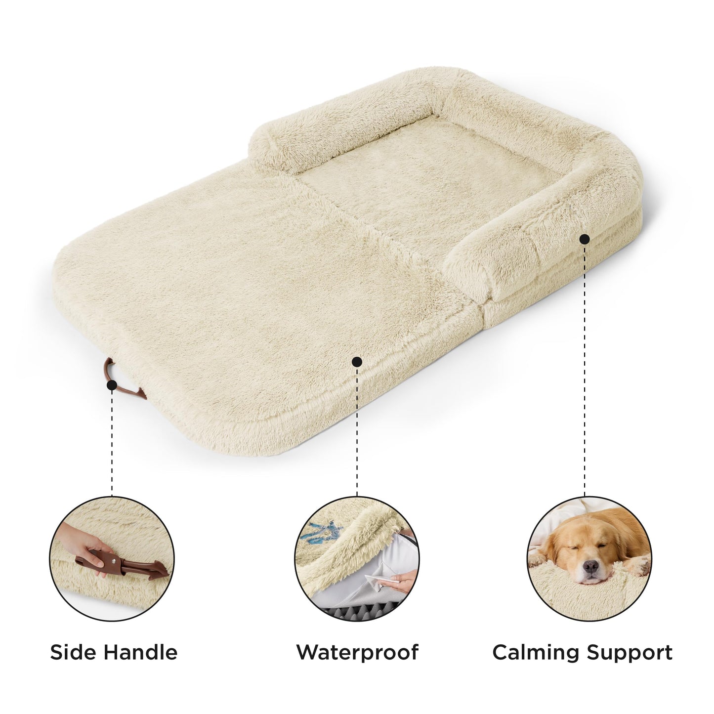 Bedsure Foldable Human Size Giant Dog Bed for Adults, 2 in 1 Calming Pet Bed with Egg Foam Supportive Mat and Waterproof Liner, Faux Fur Orthopedic Sofa, Camel
