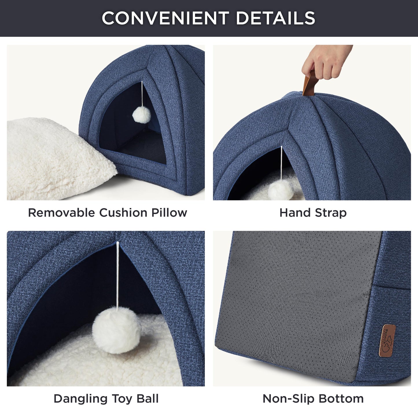 Bedsure Cat Beds for Indoor - 2 in 1 Cat Cave House Tent for Kittens and Small Pets with Removable Washable Cushioned Pillow, Foldable Kitten Hideaway with Non-Slip Bottom, Grey, 16 inches