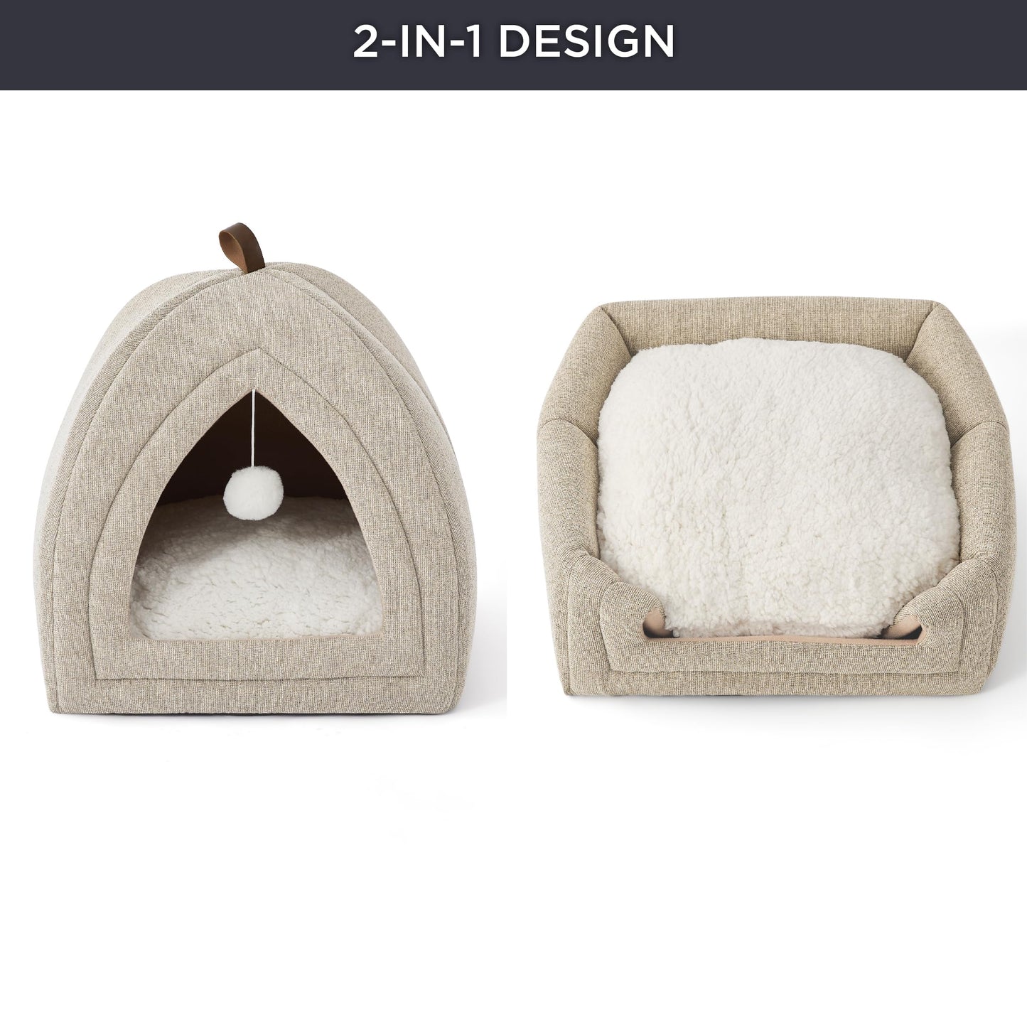 Bedsure Cat Beds for Indoor - 2 in 1 Cat Cave House Tent for Kittens and Small Pets with Removable Washable Cushioned Pillow, Foldable Kitten Hideaway with Non-Slip Bottom, Grey, 16 inches