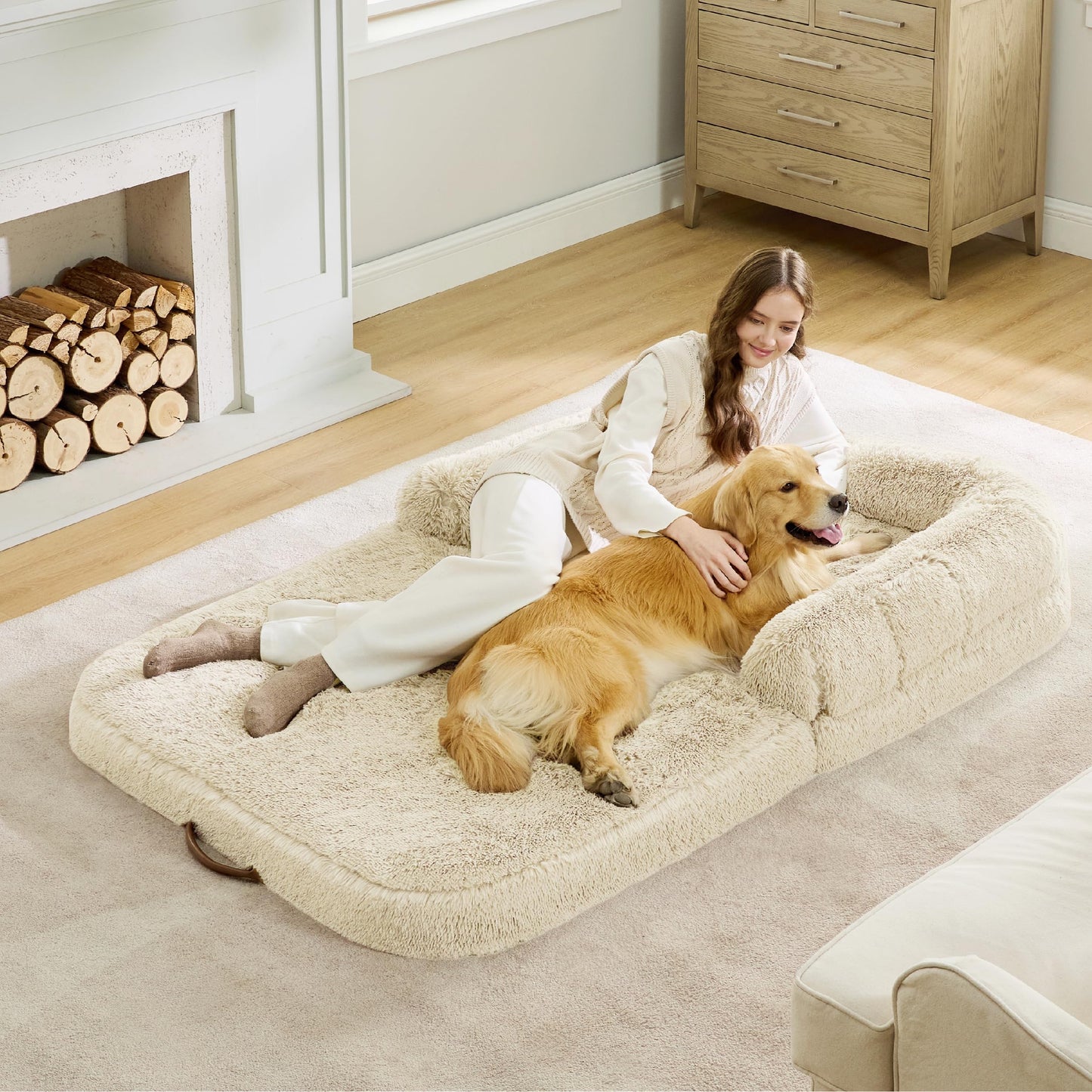 Bedsure Foldable Human Size Giant Dog Bed for Adults, 2 in 1 Calming Pet Bed with Egg Foam Supportive Mat and Waterproof Liner, Faux Fur Orthopedic Sofa, Camel