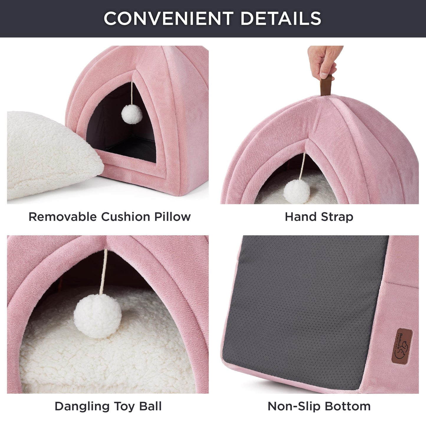 Bedsure Cat Beds for Indoor - 2 in 1 Cat Cave House Tent for Kittens and Small Pets with Removable Washable Cushioned Pillow, Foldable Kitten Hideaway with Non-Slip Bottom, Grey, 16 inches