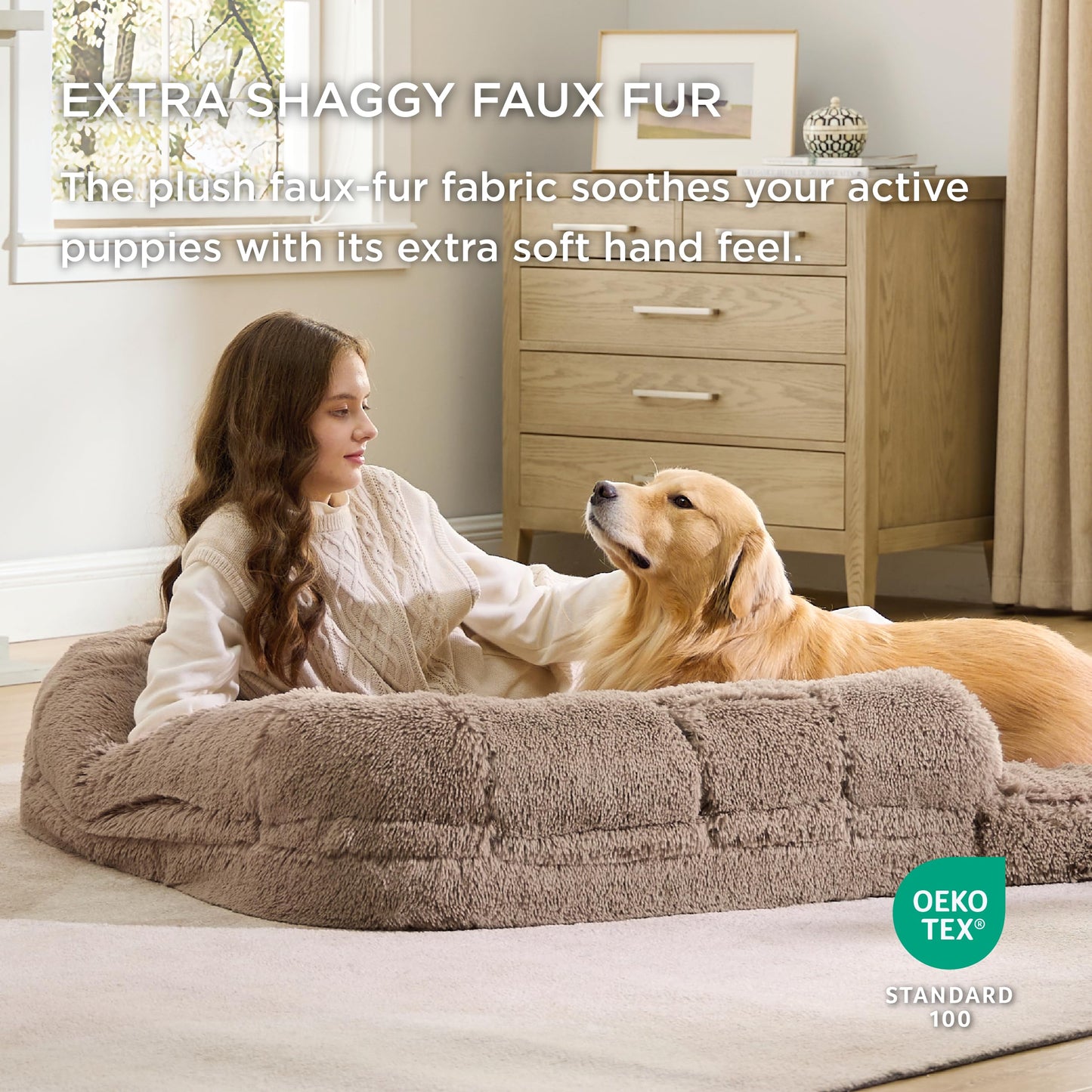 Bedsure Foldable Human Size Giant Dog Bed for Adults, 2 in 1 Calming Pet Bed with Egg Foam Supportive Mat and Waterproof Liner, Faux Fur Orthopedic Sofa, Camel