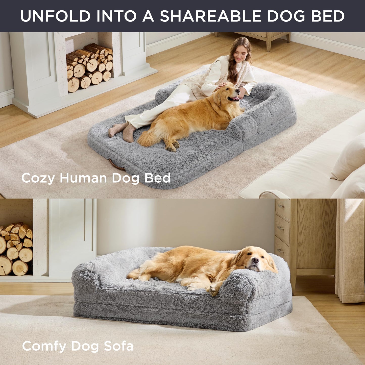 Bedsure Foldable Human Size Giant Dog Bed for Adults, 2 in 1 Calming Pet Bed with Egg Foam Supportive Mat and Waterproof Liner, Faux Fur Orthopedic Sofa, Camel