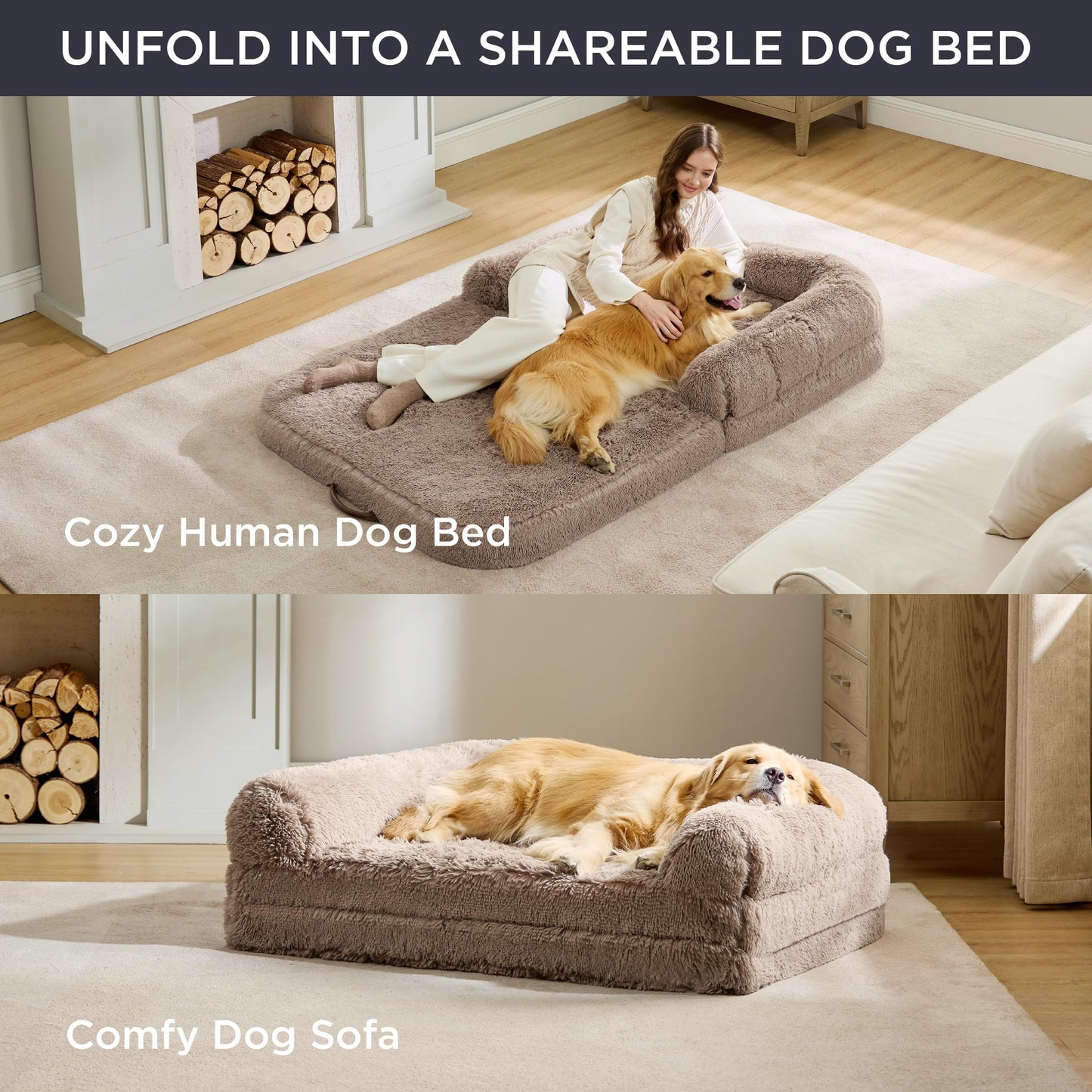 Bedsure Foldable Human Size Giant Dog Bed for Adults, 2 in 1 Calming Pet Bed with Egg Foam Supportive Mat and Waterproof Liner, Faux Fur Orthopedic Sofa, Camel