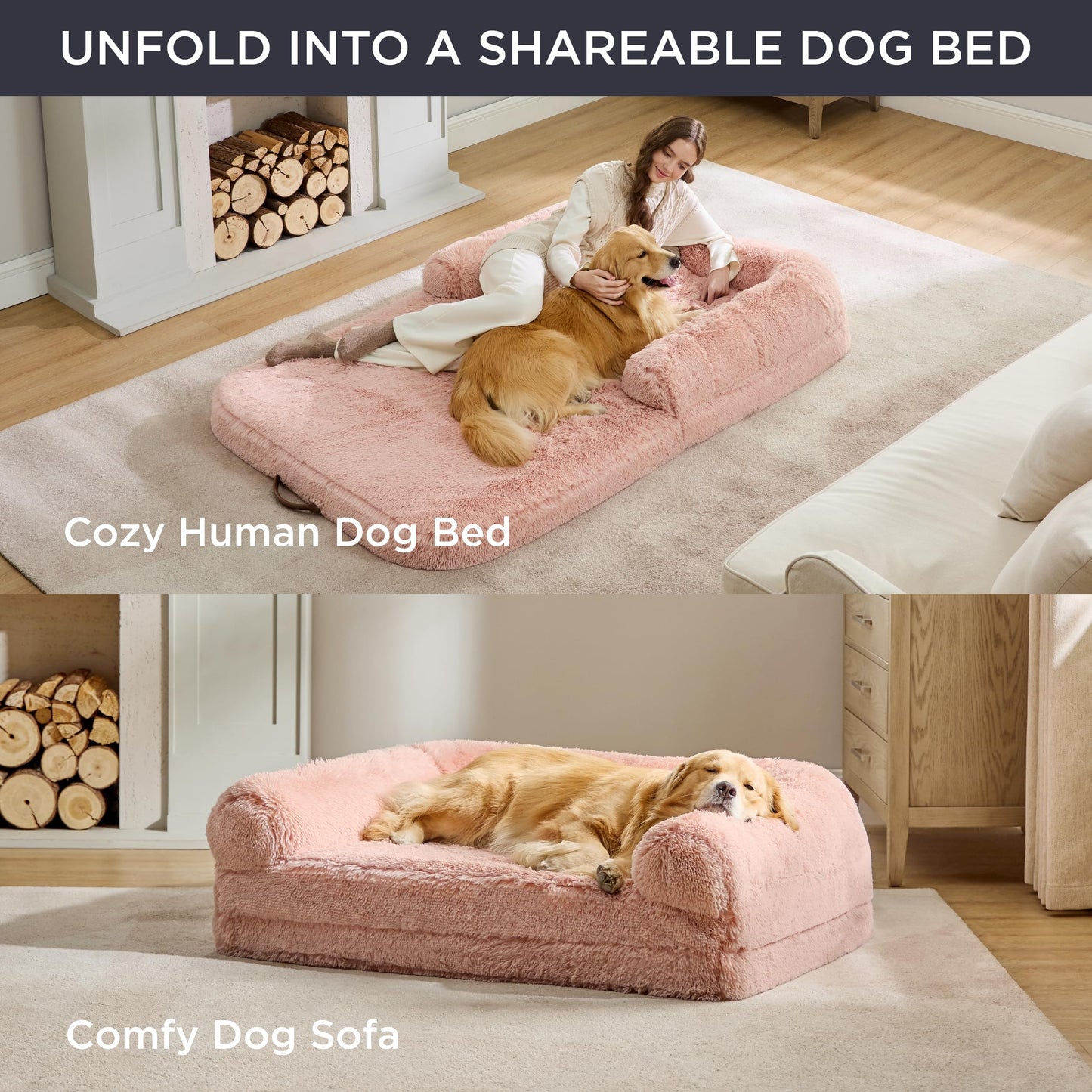 Bedsure Foldable Human Size Giant Dog Bed for Adults, 2 in 1 Calming Pet Bed with Egg Foam Supportive Mat and Waterproof Liner, Faux Fur Orthopedic Sofa, Camel