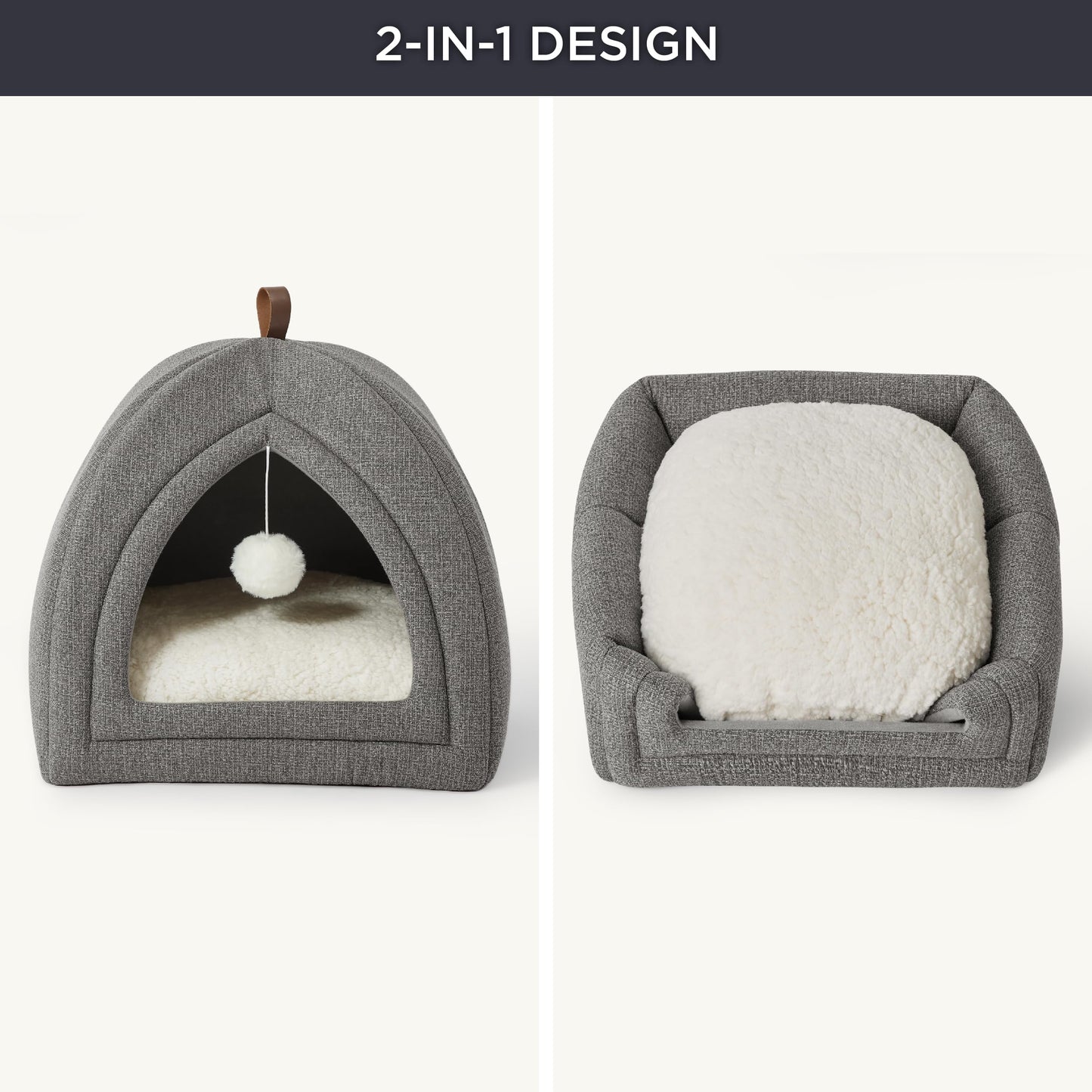 Bedsure Cat Beds for Indoor - 2 in 1 Cat Cave House Tent for Kittens and Small Pets with Removable Washable Cushioned Pillow, Foldable Kitten Hideaway with Non-Slip Bottom, Grey, 16 inches