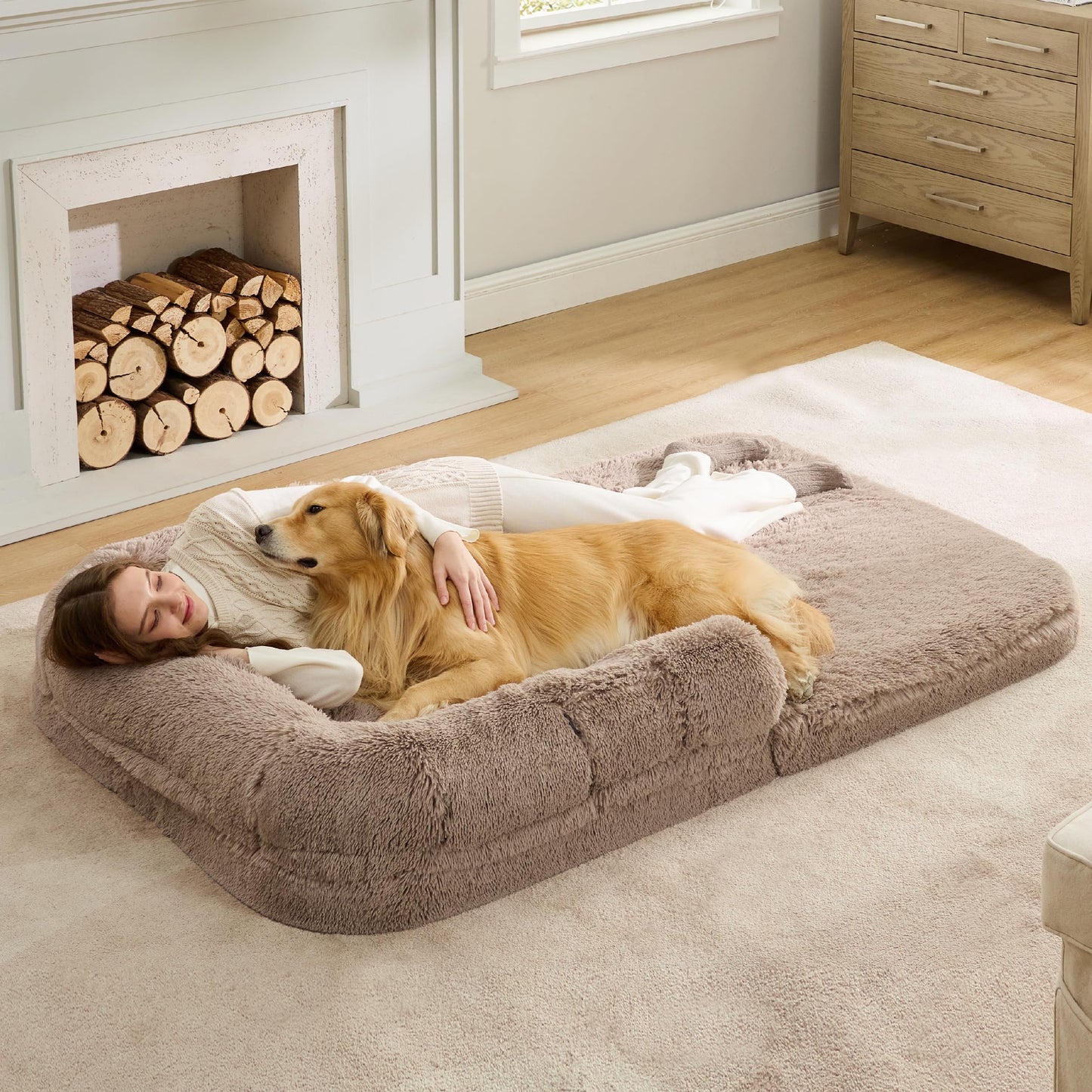 Bedsure Foldable Human Size Giant Dog Bed for Adults, 2 in 1 Calming Pet Bed with Egg Foam Supportive Mat and Waterproof Liner, Faux Fur Orthopedic Sofa, Camel