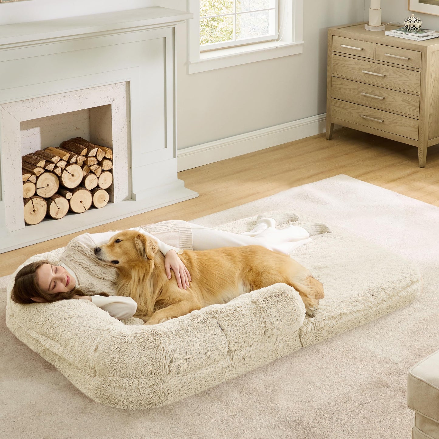 Bedsure Foldable Human Size Giant Dog Bed for Adults, 2 in 1 Calming Pet Bed with Egg Foam Supportive Mat and Waterproof Liner, Faux Fur Orthopedic Sofa, Camel