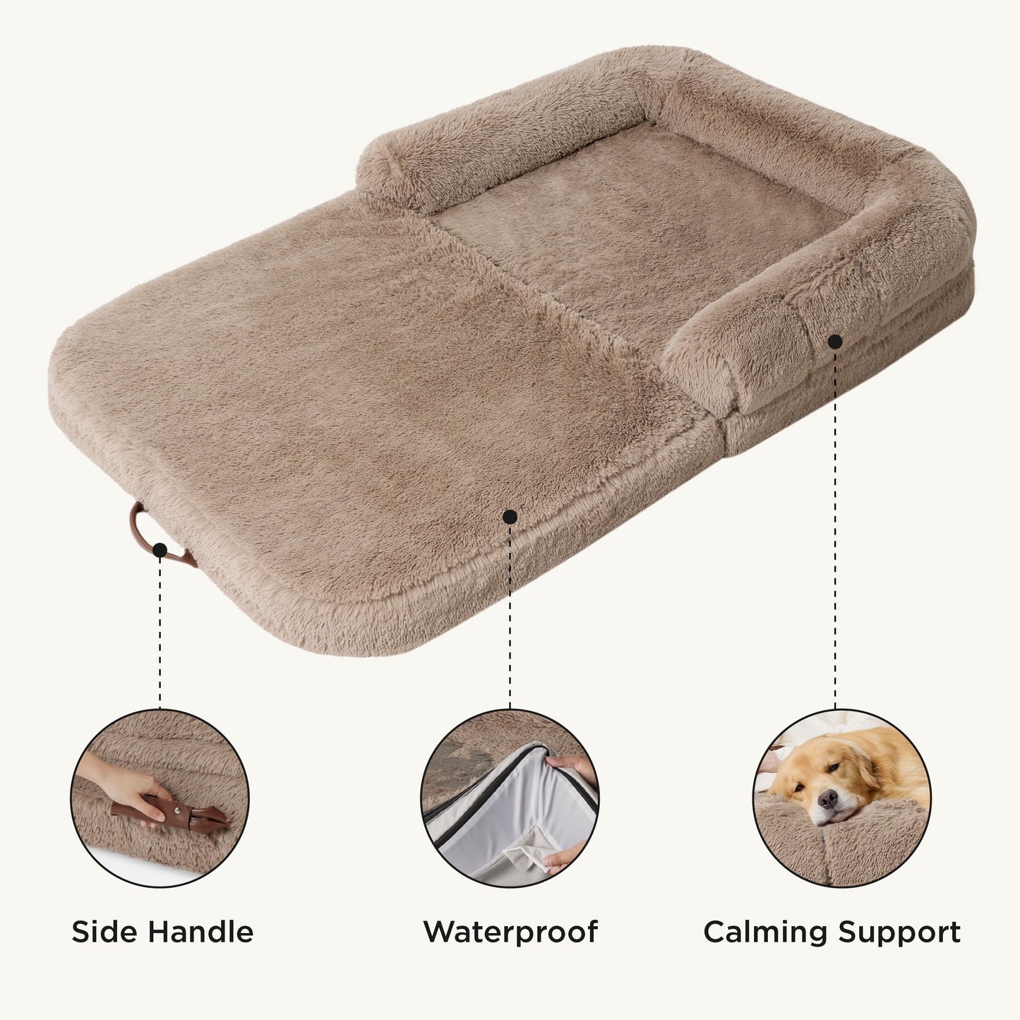 Bedsure Foldable Human Size Giant Dog Bed for Adults, 2 in 1 Calming Pet Bed with Egg Foam Supportive Mat and Waterproof Liner, Faux Fur Orthopedic Sofa, Camel