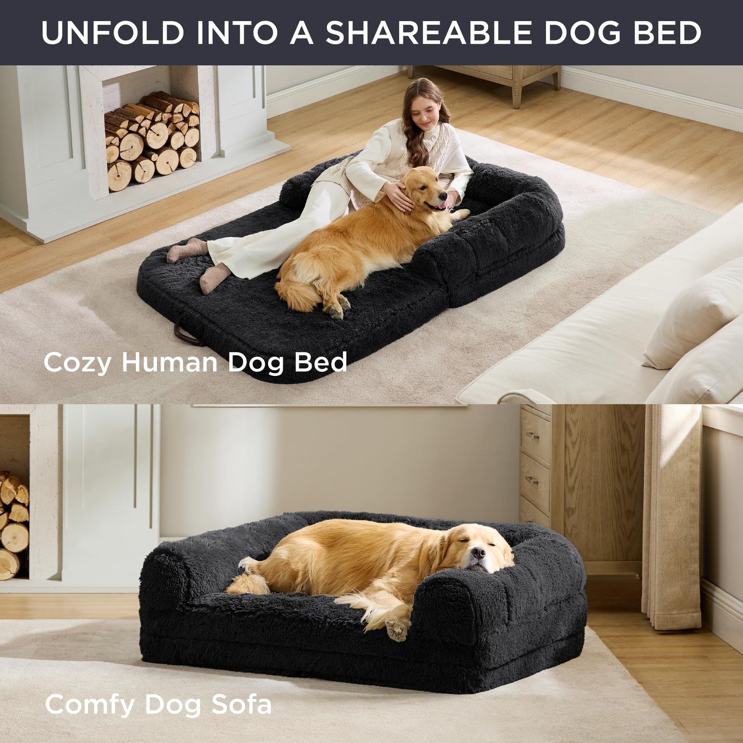 Bedsure Foldable Human Size Giant Dog Bed for Adults, 2 in 1 Calming Pet Bed with Egg Foam Supportive Mat and Waterproof Liner, Faux Fur Orthopedic Sofa, Camel