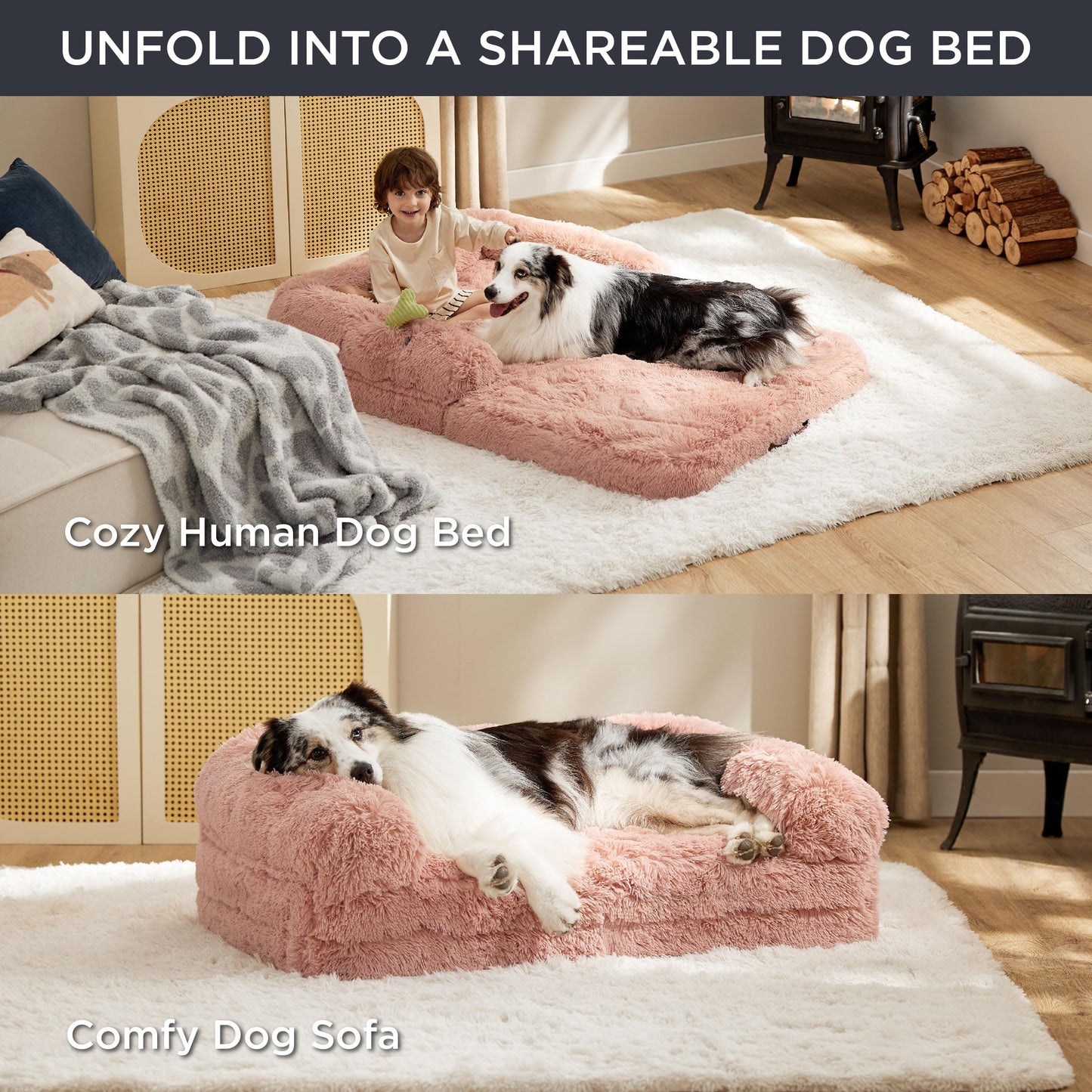 Bedsure Foldable Human Size Giant Dog Bed for Adults, 2 in 1 Calming Pet Bed with Egg Foam Supportive Mat and Waterproof Liner, Faux Fur Orthopedic Sofa, Camel
