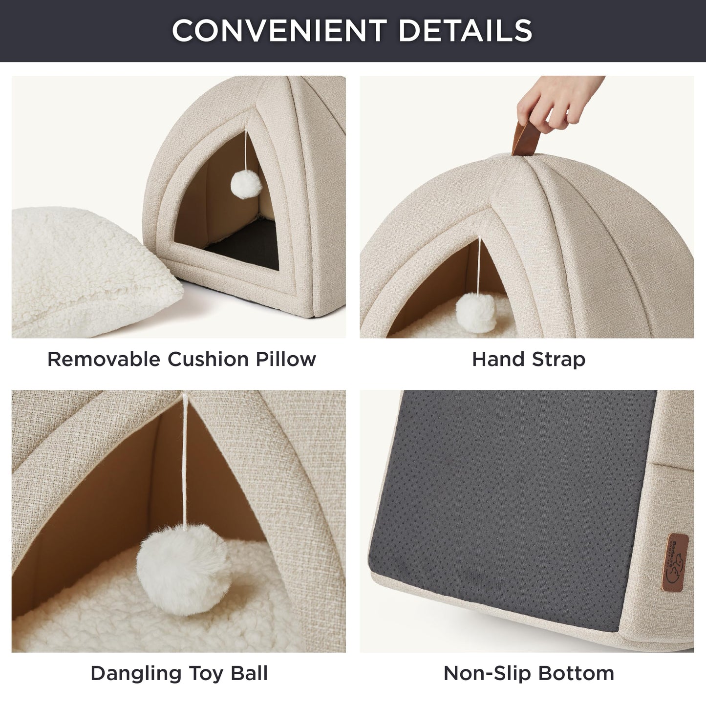 Bedsure Cat Beds for Indoor - 2 in 1 Cat Cave House Tent for Kittens and Small Pets with Removable Washable Cushioned Pillow, Foldable Kitten Hideaway with Non-Slip Bottom, Grey, 16 inches
