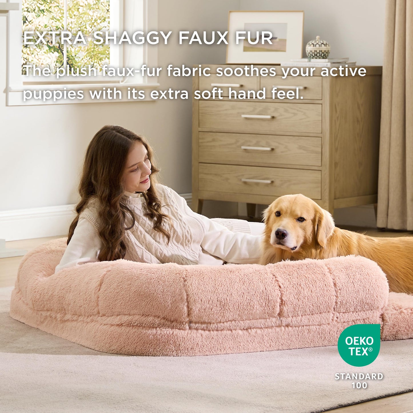 Bedsure Foldable Human Size Giant Dog Bed for Adults, 2 in 1 Calming Pet Bed with Egg Foam Supportive Mat and Waterproof Liner, Faux Fur Orthopedic Sofa, Camel