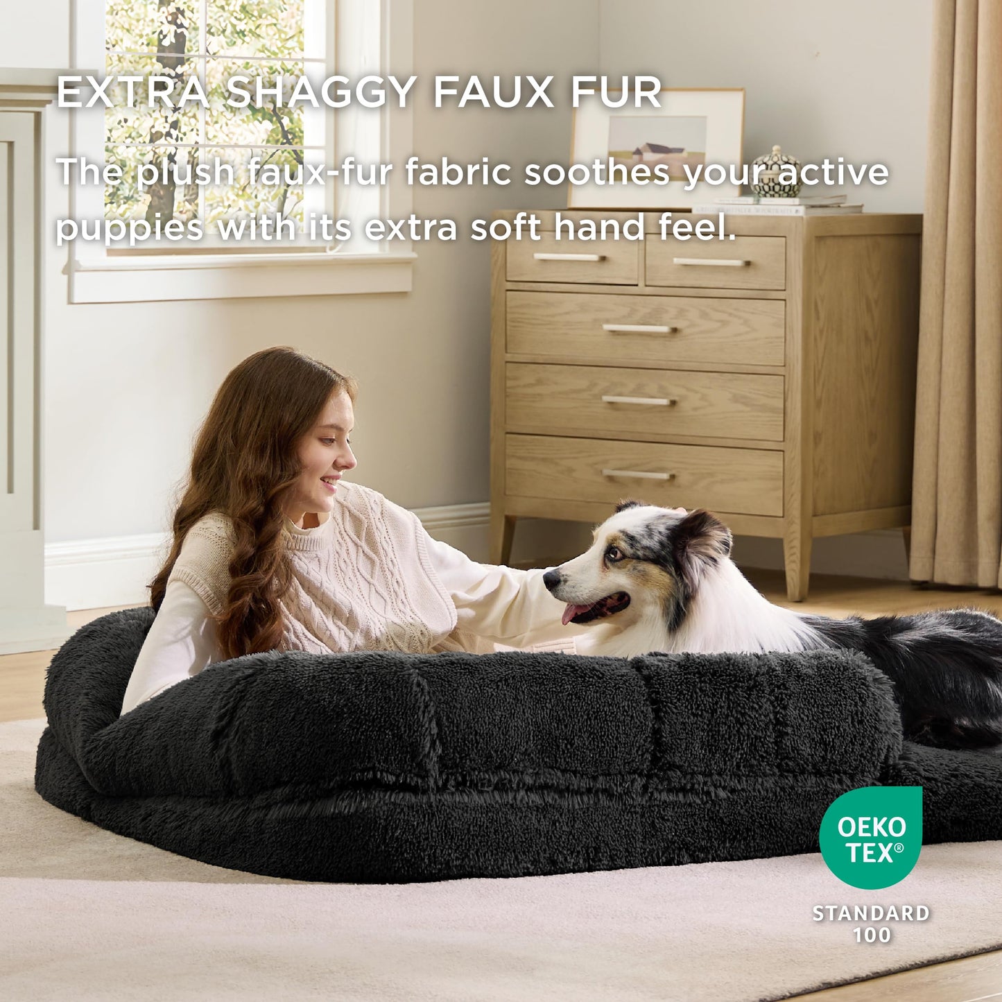 Bedsure Foldable Human Size Giant Dog Bed for Adults, 2 in 1 Calming Pet Bed with Egg Foam Supportive Mat and Waterproof Liner, Faux Fur Orthopedic Sofa, Camel