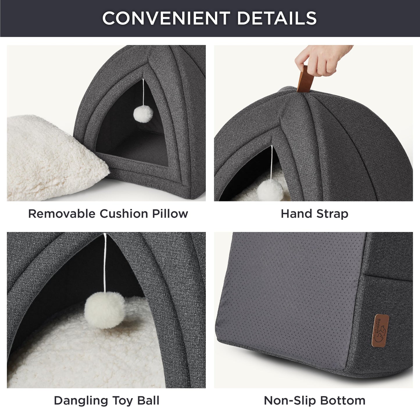 Bedsure Cat Beds for Indoor - 2 in 1 Cat Cave House Tent for Kittens and Small Pets with Removable Washable Cushioned Pillow, Foldable Kitten Hideaway with Non-Slip Bottom, Grey, 16 inches