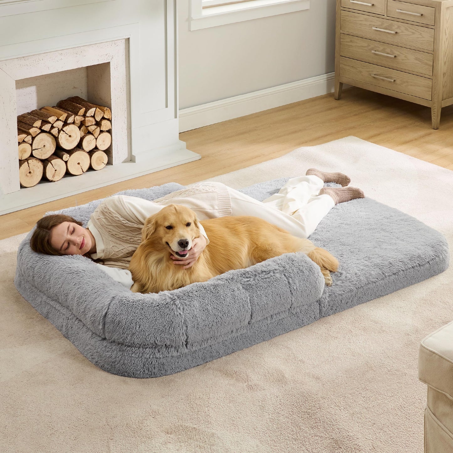 Bedsure Foldable Human Size Giant Dog Bed for Adults, 2 in 1 Calming Pet Bed with Egg Foam Supportive Mat and Waterproof Liner, Faux Fur Orthopedic Sofa, Camel