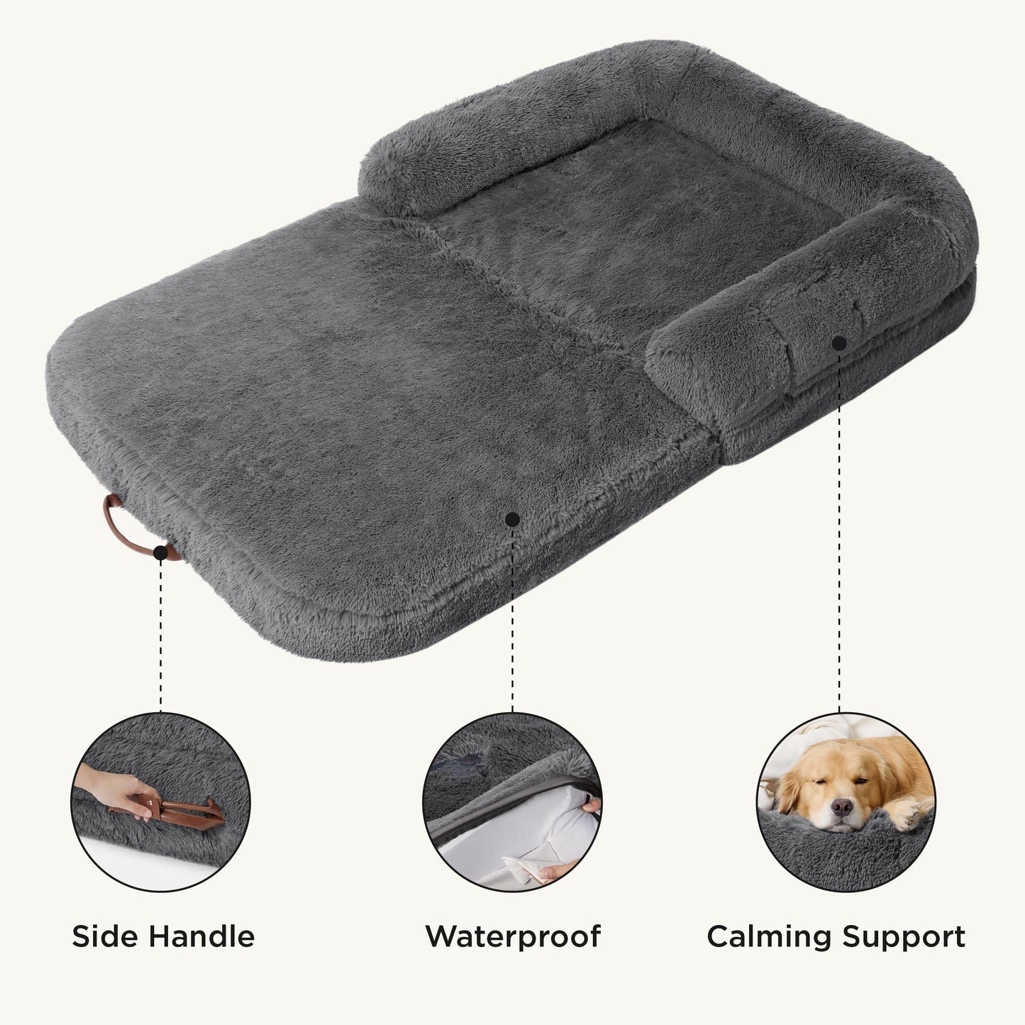 Bedsure Foldable Human Size Giant Dog Bed for Adults, 2 in 1 Calming Pet Bed with Egg Foam Supportive Mat and Waterproof Liner, Faux Fur Orthopedic Sofa, Camel