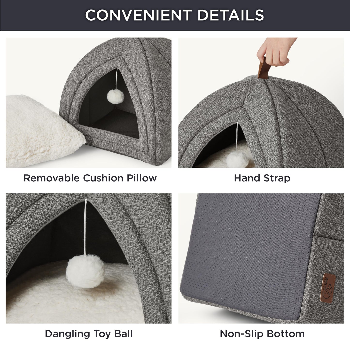 Bedsure Cat Beds for Indoor - 2 in 1 Cat Cave House Tent for Kittens and Small Pets with Removable Washable Cushioned Pillow, Foldable Kitten Hideaway with Non-Slip Bottom, Grey, 16 inches