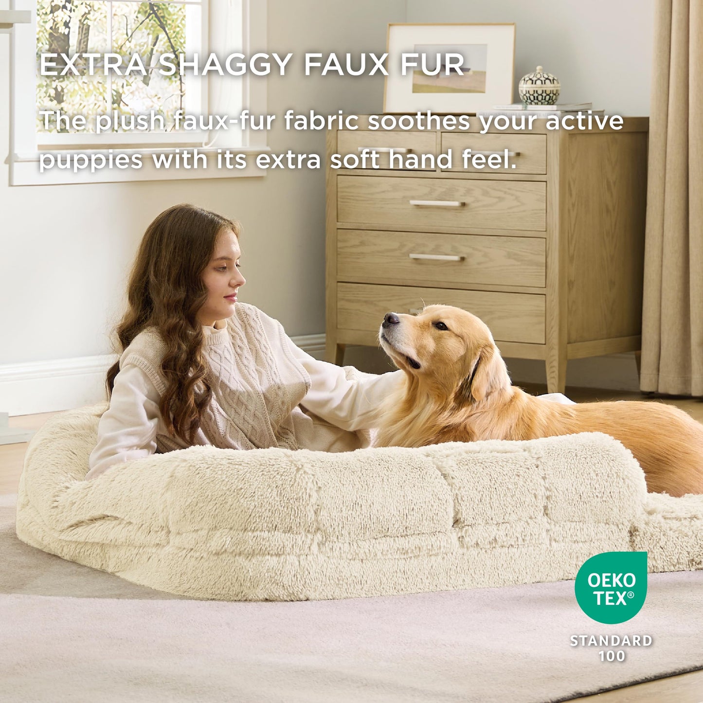 Bedsure Foldable Human Size Giant Dog Bed for Adults, 2 in 1 Calming Pet Bed with Egg Foam Supportive Mat and Waterproof Liner, Faux Fur Orthopedic Sofa, Camel