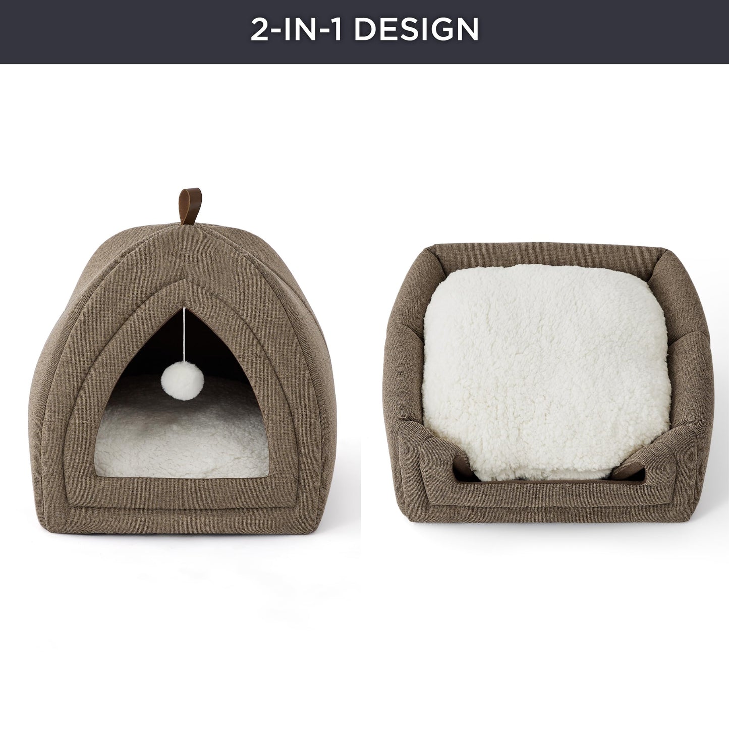 Bedsure Cat Beds for Indoor - 2 in 1 Cat Cave House Tent for Kittens and Small Pets with Removable Washable Cushioned Pillow, Foldable Kitten Hideaway with Non-Slip Bottom, Grey, 16 inches