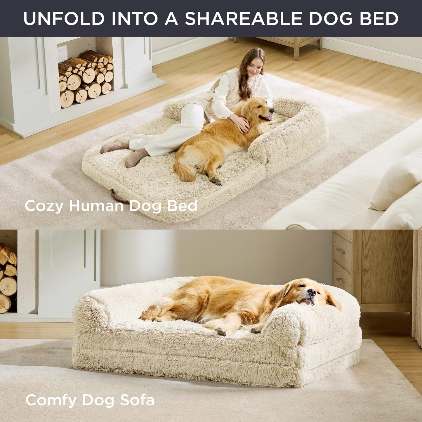 Bedsure Foldable Human Size Giant Dog Bed for Adults, 2 in 1 Calming Pet Bed with Egg Foam Supportive Mat and Waterproof Liner, Faux Fur Orthopedic Sofa, Camel