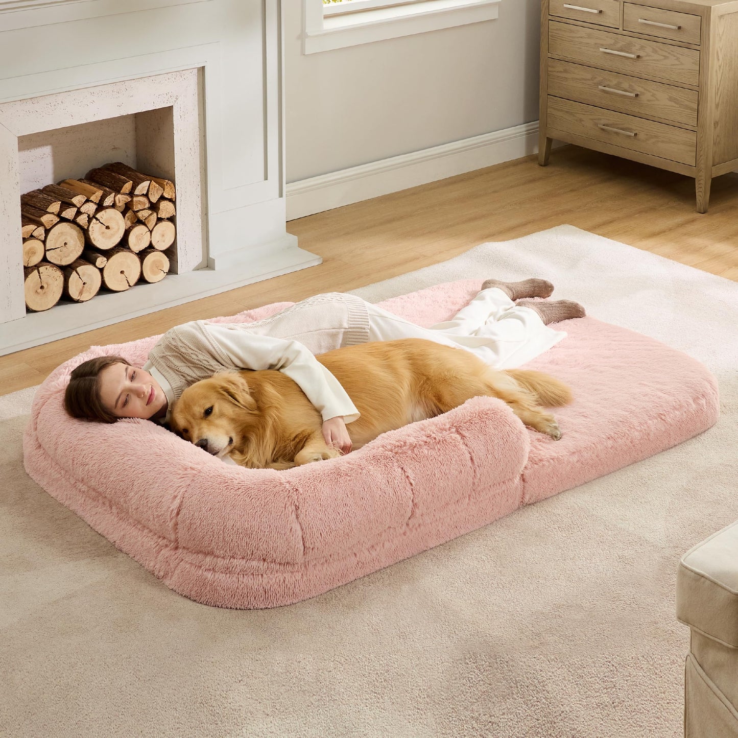 Bedsure Foldable Human Size Giant Dog Bed for Adults, 2 in 1 Calming Pet Bed with Egg Foam Supportive Mat and Waterproof Liner, Faux Fur Orthopedic Sofa, Camel
