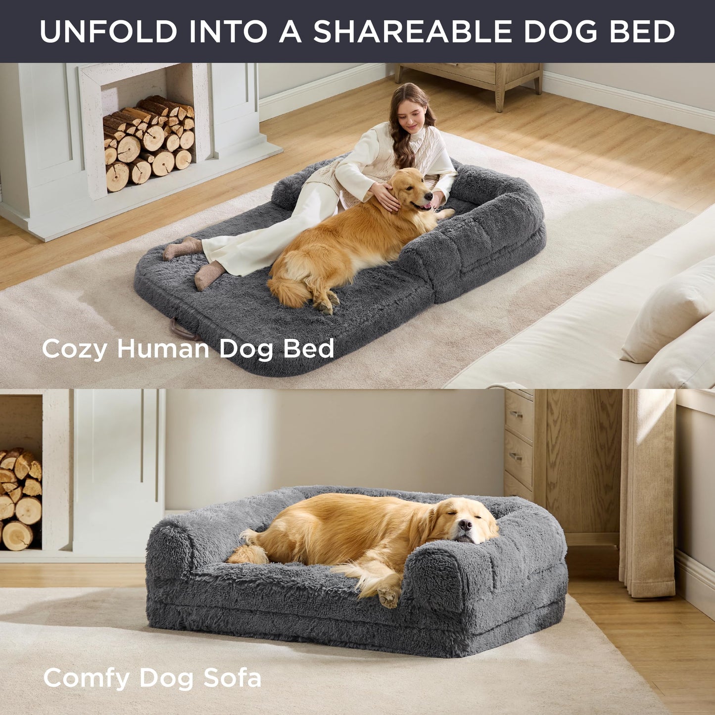 Bedsure Foldable Human Size Giant Dog Bed for Adults, 2 in 1 Calming Pet Bed with Egg Foam Supportive Mat and Waterproof Liner, Faux Fur Orthopedic Sofa, Camel