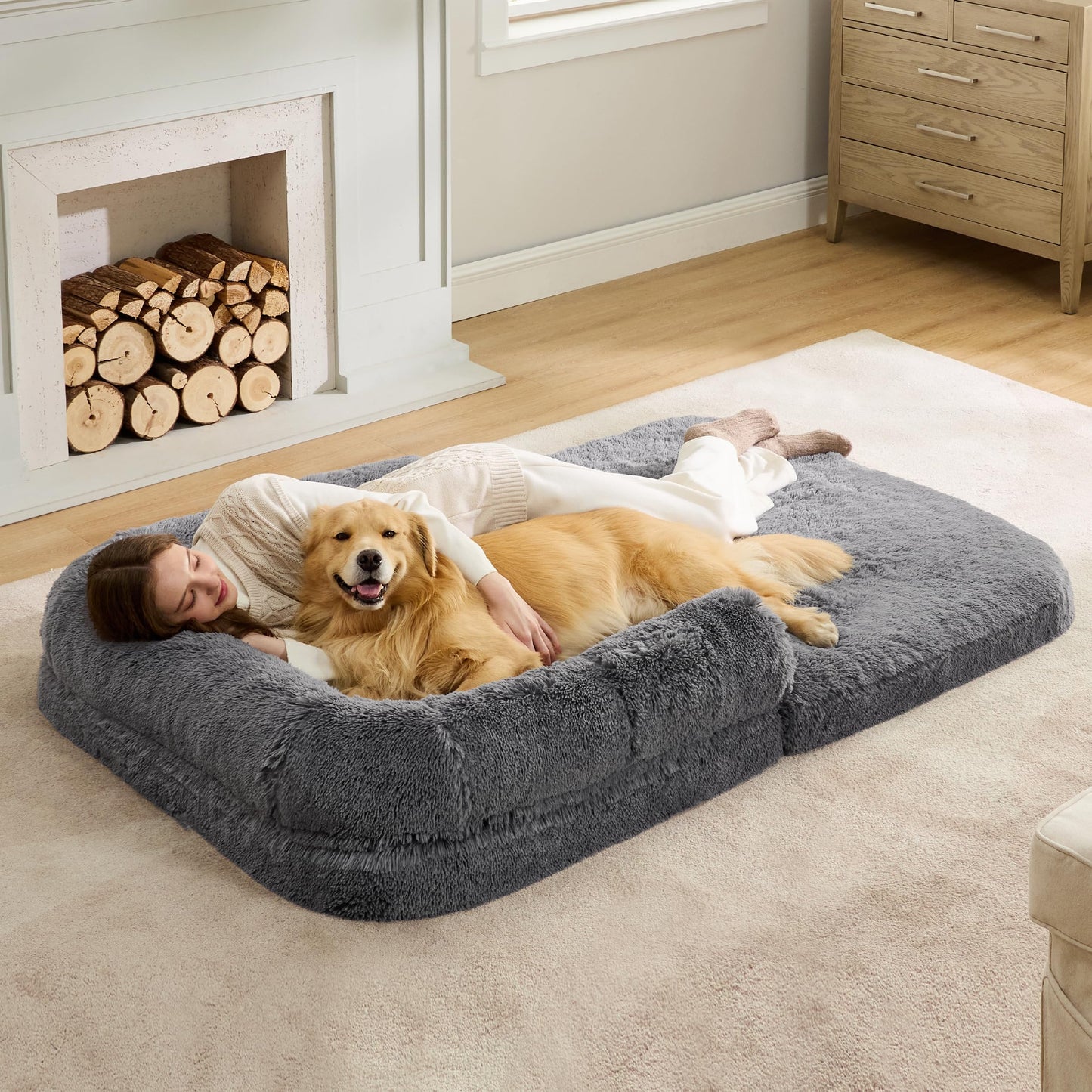 Bedsure Foldable Human Size Giant Dog Bed for Adults, 2 in 1 Calming Pet Bed with Egg Foam Supportive Mat and Waterproof Liner, Faux Fur Orthopedic Sofa, Camel