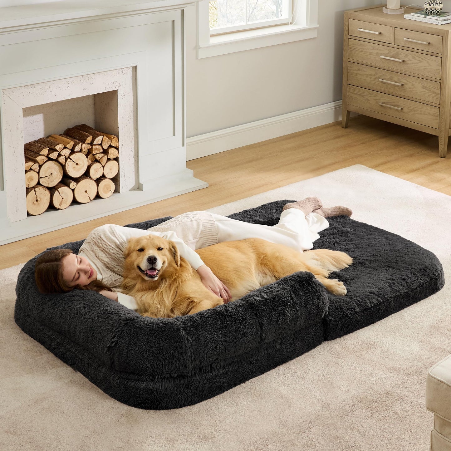 Bedsure Foldable Human Size Giant Dog Bed for Adults, 2 in 1 Calming Pet Bed with Egg Foam Supportive Mat and Waterproof Liner, Faux Fur Orthopedic Sofa, Camel