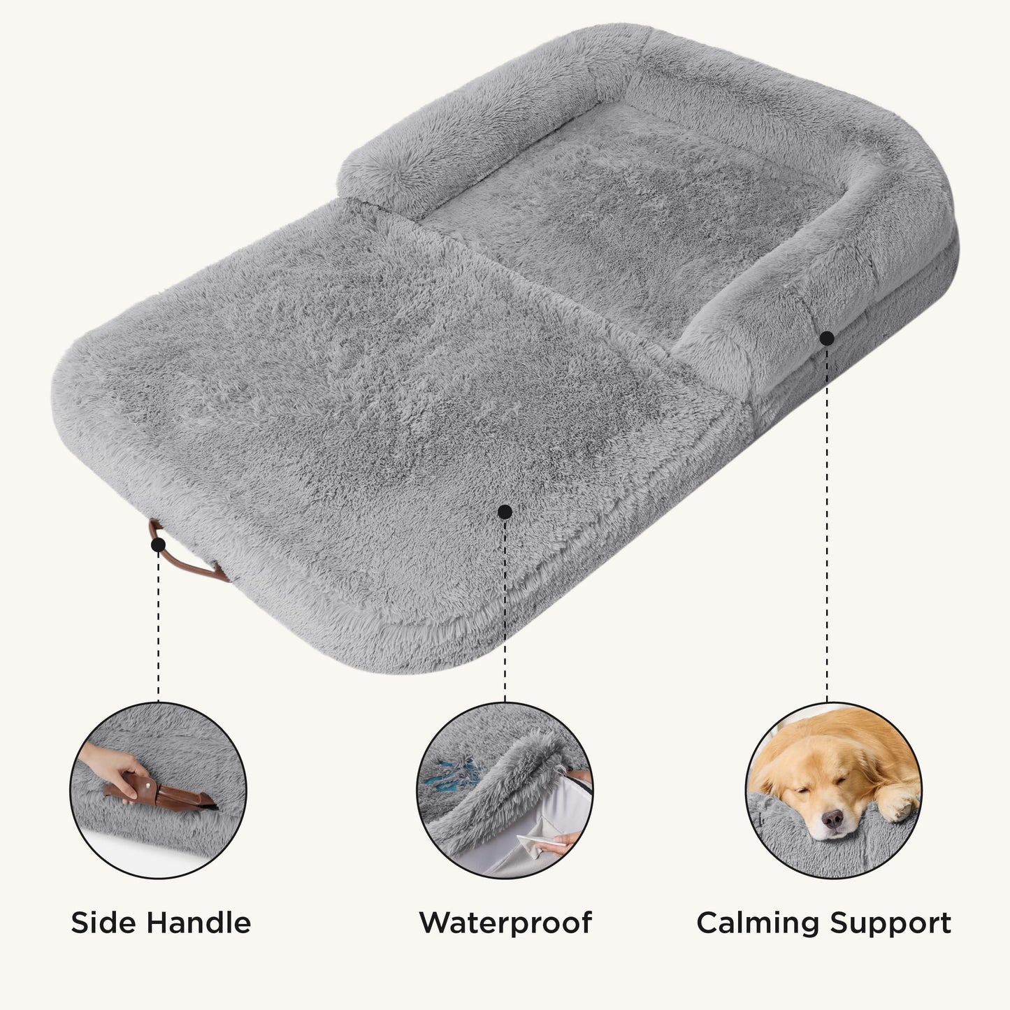 Bedsure Foldable Human Size Giant Dog Bed for Adults, 2 in 1 Calming Pet Bed with Egg Foam Supportive Mat and Waterproof Liner, Faux Fur Orthopedic Sofa, Camel