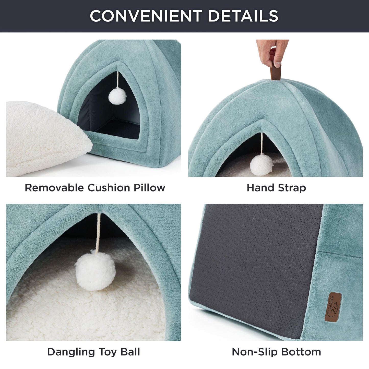 Bedsure Cat Beds for Indoor - 2 in 1 Cat Cave House Tent for Kittens and Small Pets with Removable Washable Cushioned Pillow, Foldable Kitten Hideaway with Non-Slip Bottom, Grey, 16 inches