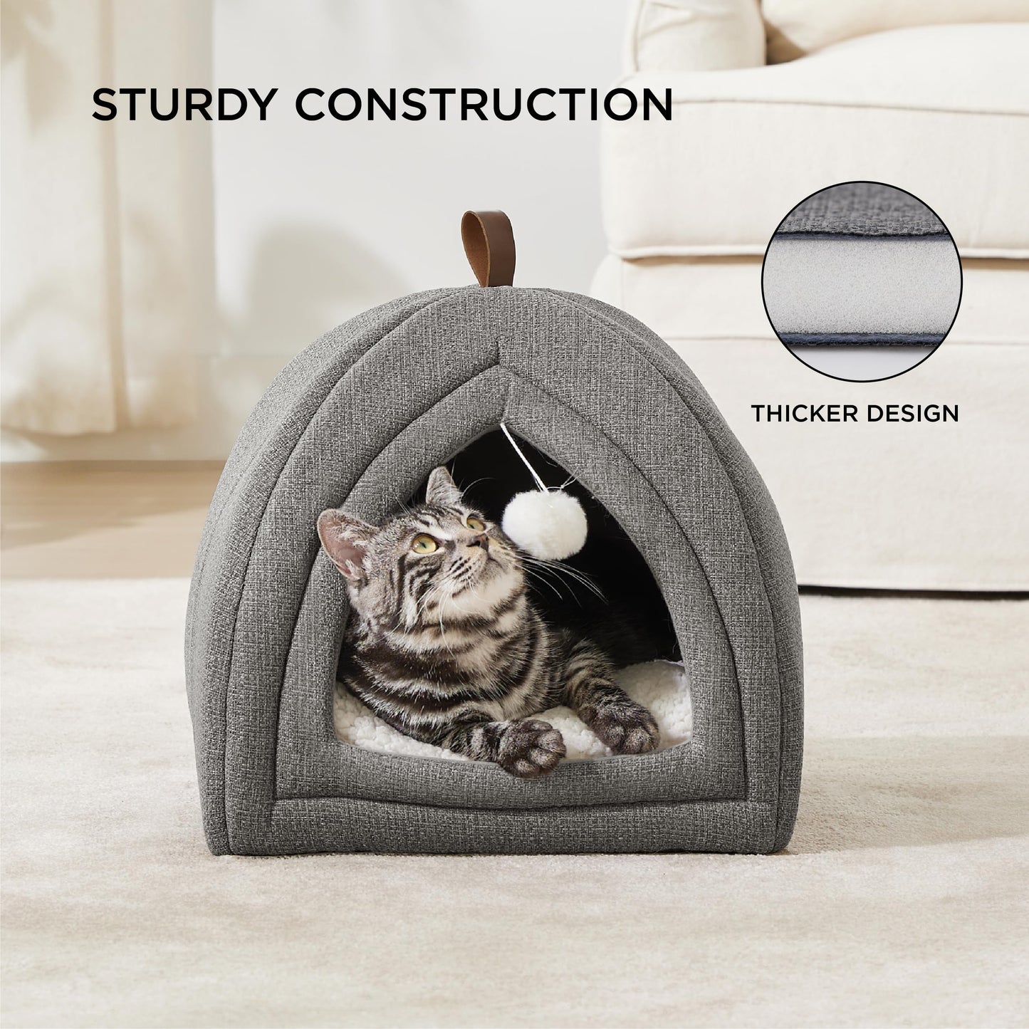 Bedsure Cat Beds for Indoor - 2 in 1 Cat Cave House Tent for Kittens and Small Pets with Removable Washable Cushioned Pillow, Foldable Kitten Hideaway with Non-Slip Bottom, Grey, 16 inches