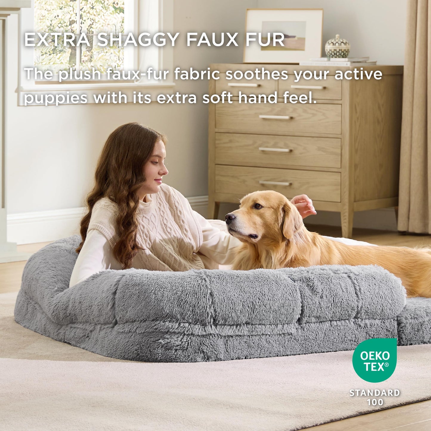 Bedsure Foldable Human Size Giant Dog Bed for Adults, 2 in 1 Calming Pet Bed with Egg Foam Supportive Mat and Waterproof Liner, Faux Fur Orthopedic Sofa, Camel