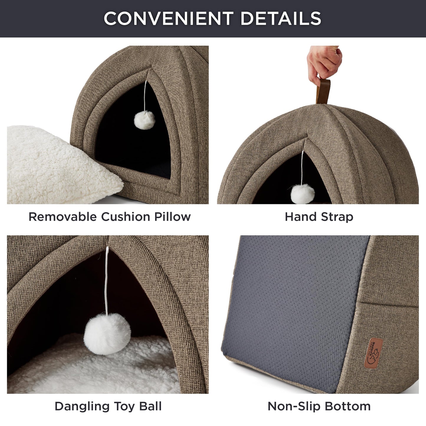 Bedsure Cat Beds for Indoor - 2 in 1 Cat Cave House Tent for Kittens and Small Pets with Removable Washable Cushioned Pillow, Foldable Kitten Hideaway with Non-Slip Bottom, Grey, 16 inches