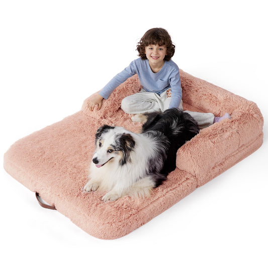 Bedsure Foldable Human Size Giant Dog Bed for Adults, 2 in 1 Calming Pet Bed with Egg Foam Supportive Mat and Waterproof Liner, Faux Fur Orthopedic Sofa, Camel