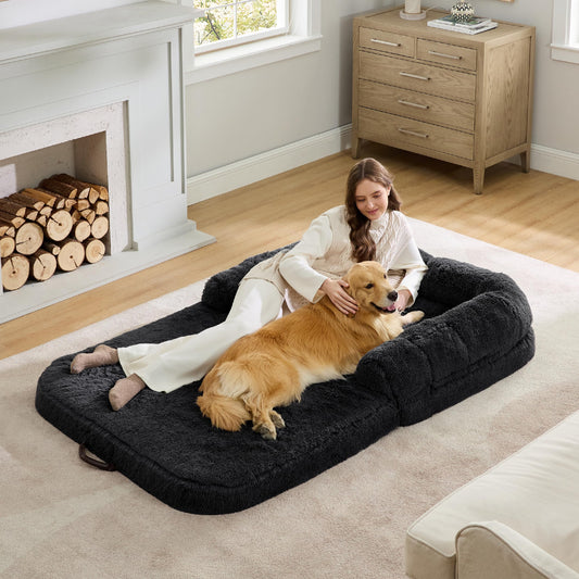 Bedsure Foldable Human Size Giant Dog Bed for Adults, 2 in 1 Calming Pet Bed with Egg Foam Supportive Mat and Waterproof Liner, Faux Fur Orthopedic Sofa, Camel