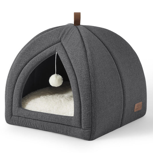 Bedsure Cat Beds for Indoor - 2 in 1 Cat Cave House Tent for Kittens and Small Pets with Removable Washable Cushioned Pillow, Foldable Kitten Hideaway with Non-Slip Bottom, Grey, 16 inches